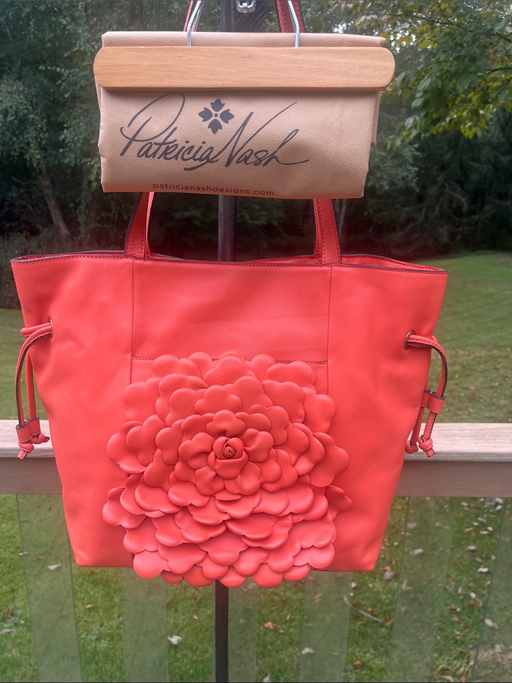 Patricia Nash Coral Red Leather Tote with Sculpted Floral Applique